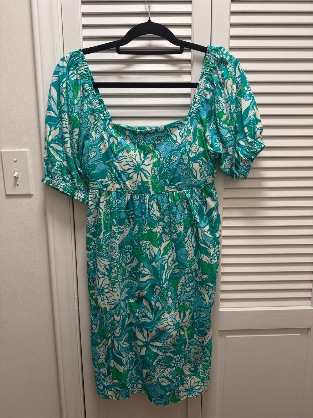 Lilly Pulitzer Teal, White & Green Floral Puff-Sleeve Dress